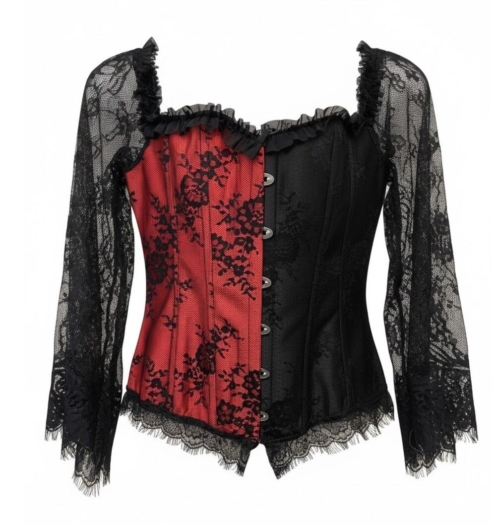Red Black Lace Up Corset Goth Long sleeves Large Ribbed Sexy Grunge Bustier